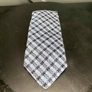 Escada 100% Silk Necktie Blue Navy Black Geometric Woven Check Luxury Tie